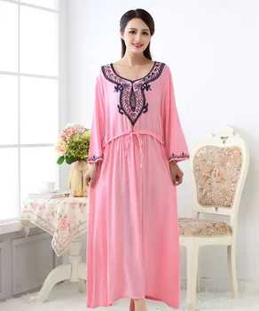 

Spring women Sexy cotton Nightgowns plus size M-XL 2XL pink Sleepwear Computer embroidery Long nightgowns Three Quarter homewear