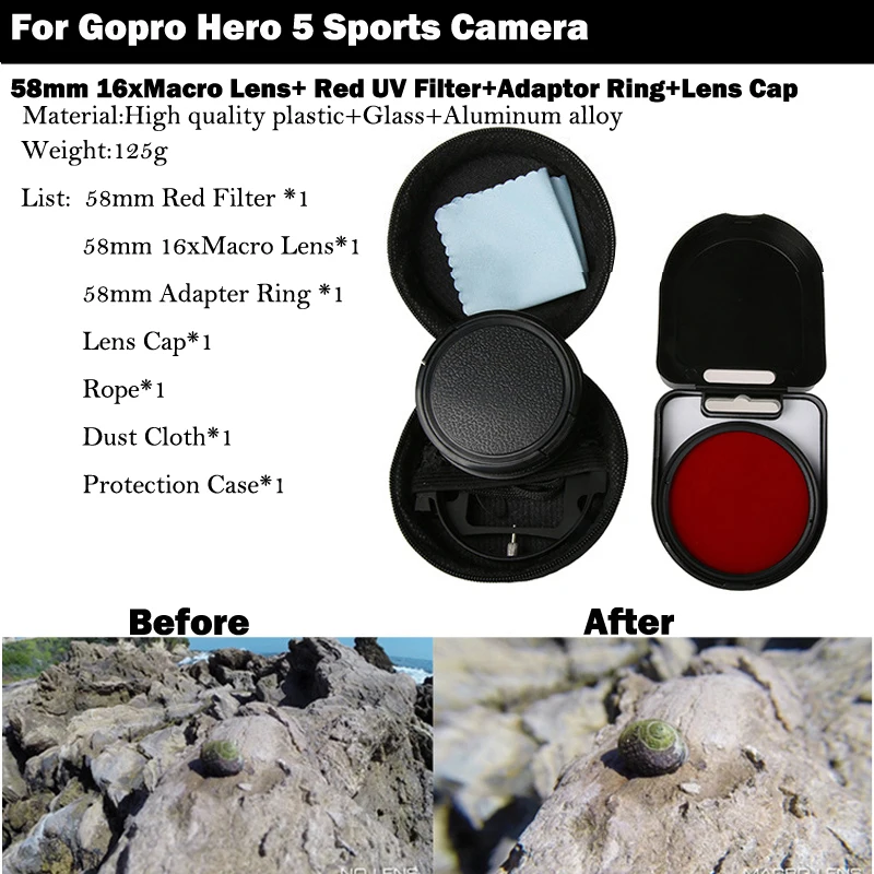 Go pro HERO 5 58 мм 16x макрообъектив + УФ красный фильтр крышка объектива для GoPro hero Hero Black