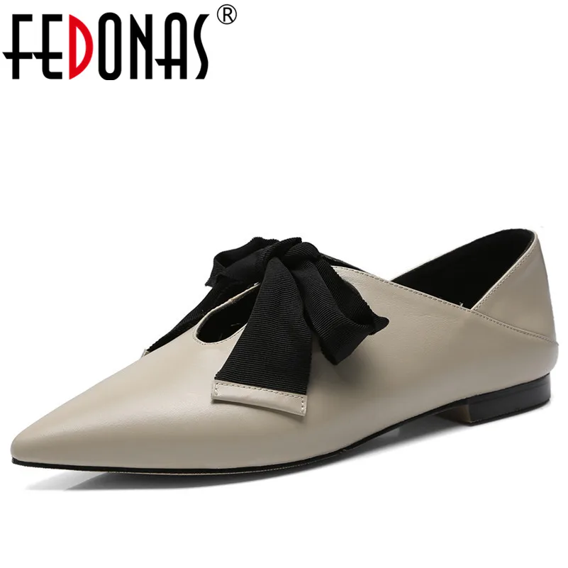 

FEDONAS Elegant Women New Genuine Leather Shoes Woman Flats Heels Butterfly Knot Sweet Comfort Pointed Toe Spring Autumn Shoes