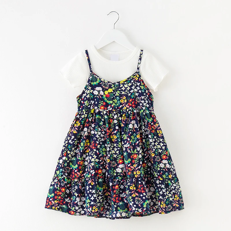 

summer dress sets girl T shirt + dress with shoulder-straps girls clothing set flower print 3-5-12 years beach dresses