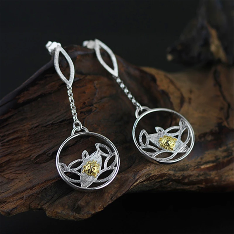 Lotus Fun Real 925 Sterling Silver Drop Dangle Earrings for Women Round Ladybug Beetle Tassel Earings Fine Jewelry Dropshipping
