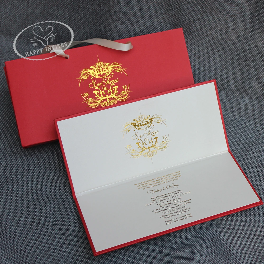 HI1181-02 Customized Red Hardcover Invitation Card Folder with HandBag & Gold Foiling Printing Red Wedding Cards at Factory Wholesal Price Made in China