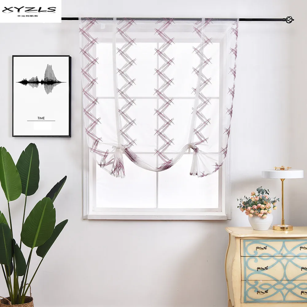 

XYZLS Kitchen Short Curtains Wave Pattern Roman Blinds Purple Embroidered Sheer Panel Tulle Window Treatment Door Curtains 1PC