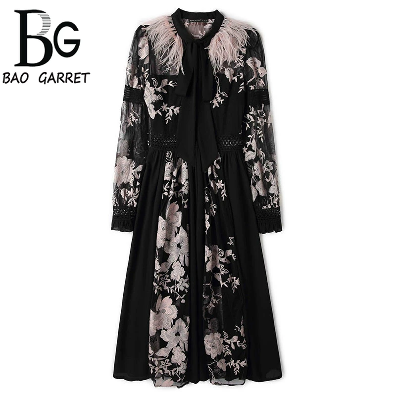 

Bao Garret 2019 Spring Fashion Runway Black Dress Women's Long Sleeve Feathers Flower Embroidery Patchwork Mid-Calf Dress Sexy