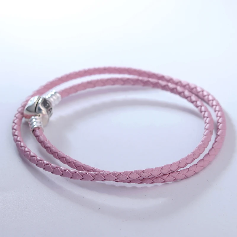 

Pandulaso Light Pink Double Leather Bracelet Fits sterling silver Original Charms & Beads For Woman DIY Jewelry Making