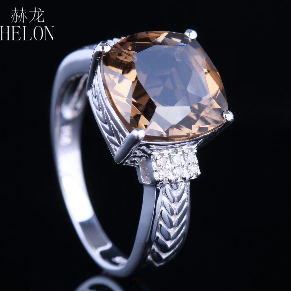 

HELON Solid 10K White Gold 4.78ct Cushion Smokey Quartz Ring Diamonds Ring For Women Engagement Wedding Party Gift Fine Jewelry