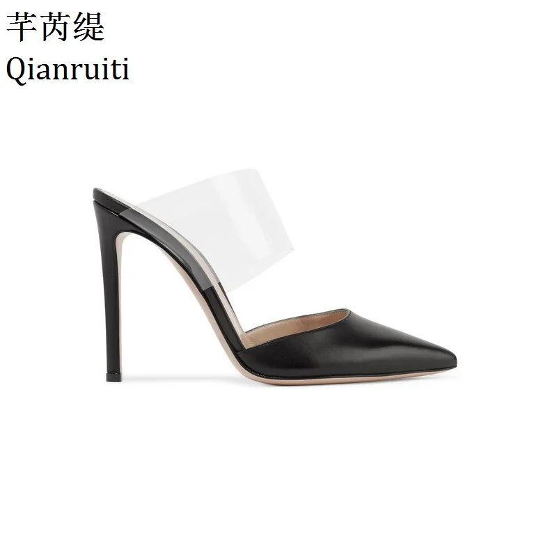 

Qianruiti Summer Transparent PVC Leather Women High Heels Sandals Pointed Toe Slingback Women Pumps Casual Style Thin Heel Shoes