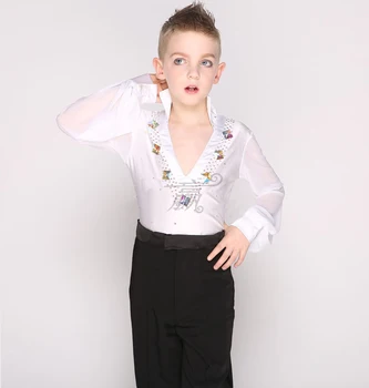 

1 piece mens Latin Dance top Spandex Boys Ballroom Dance shirt mesh sleeve Sequins top
