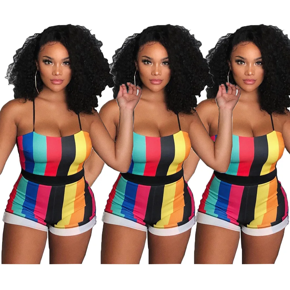 Сезон: весна–лето Для женщин комбинезон Bodycon игровой костюм спортивный костюм комбинезон комбинации большой размер в радужную полоску сексуальные комбинезоны