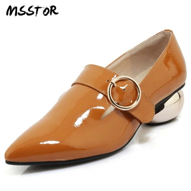 

MSStor Buckle Strap Pumps Shoes Women Black Fashion Causal Genuine Leather Pointed Toe Women Heels Strange Style Ladies Shoes