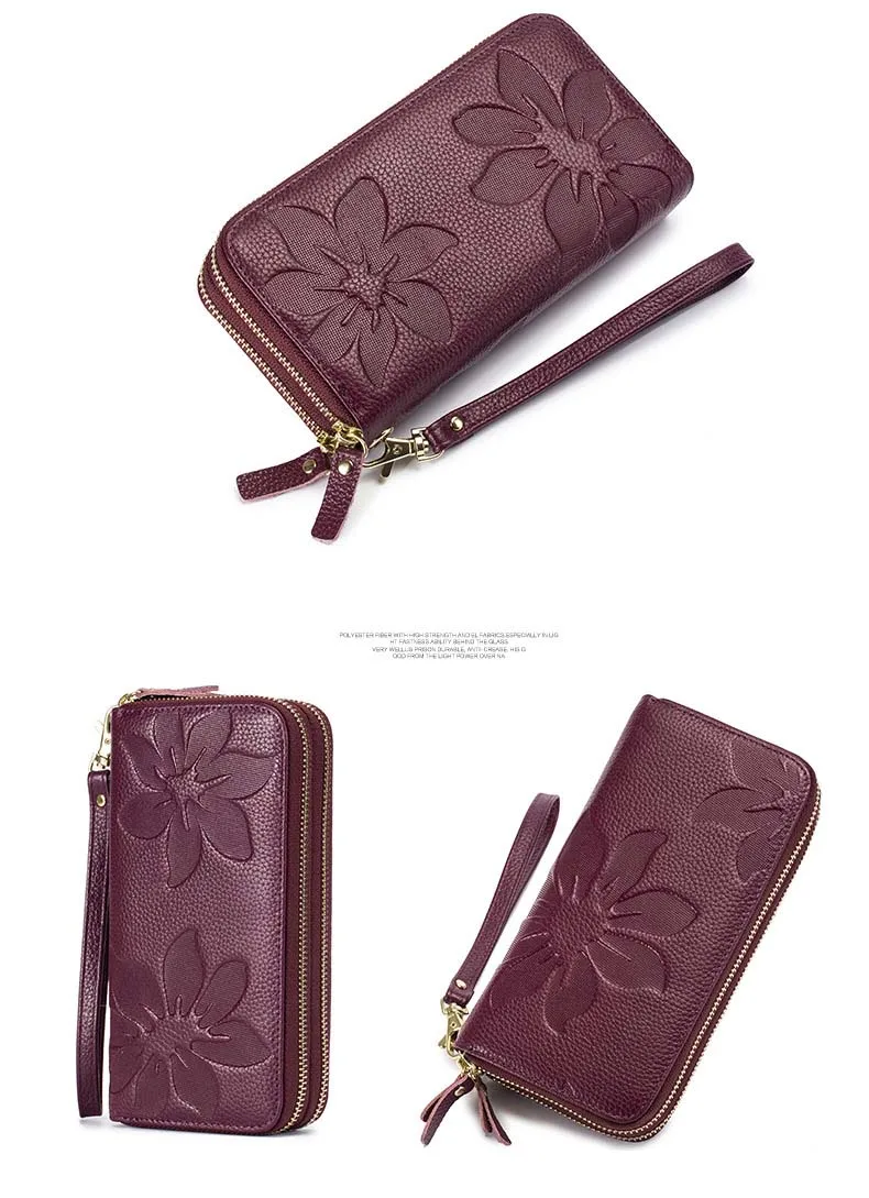 RFID новый двойной бумажник с застёжкой-молнией Для женщин из натуральной кожи сумочки для сотовых телефонов дамы цветок кредитной
