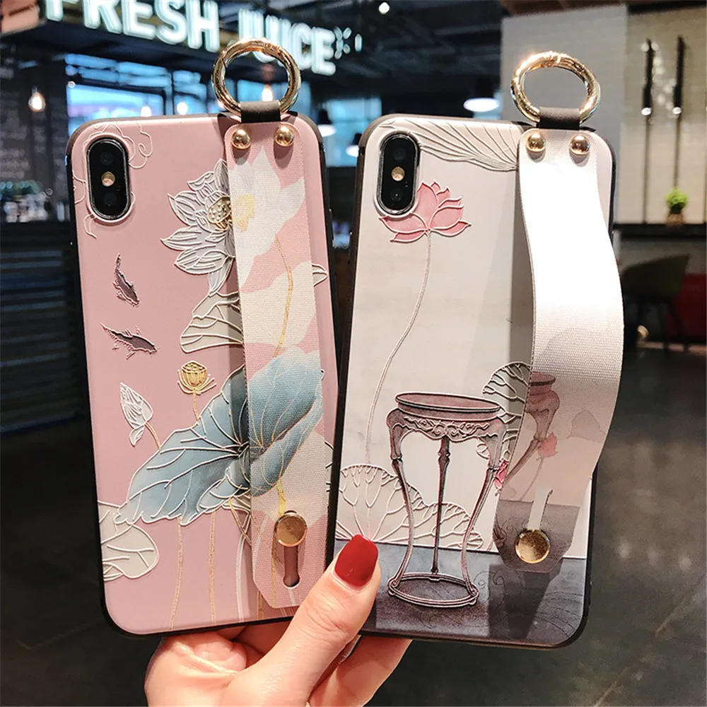 

For Samsung Galaxy S10e S9 S8 plus Phone Case Wrist Strap FlowerPhone Case For Samsung Note 8 9 A20 30 Hand Band Soft Cover Capa