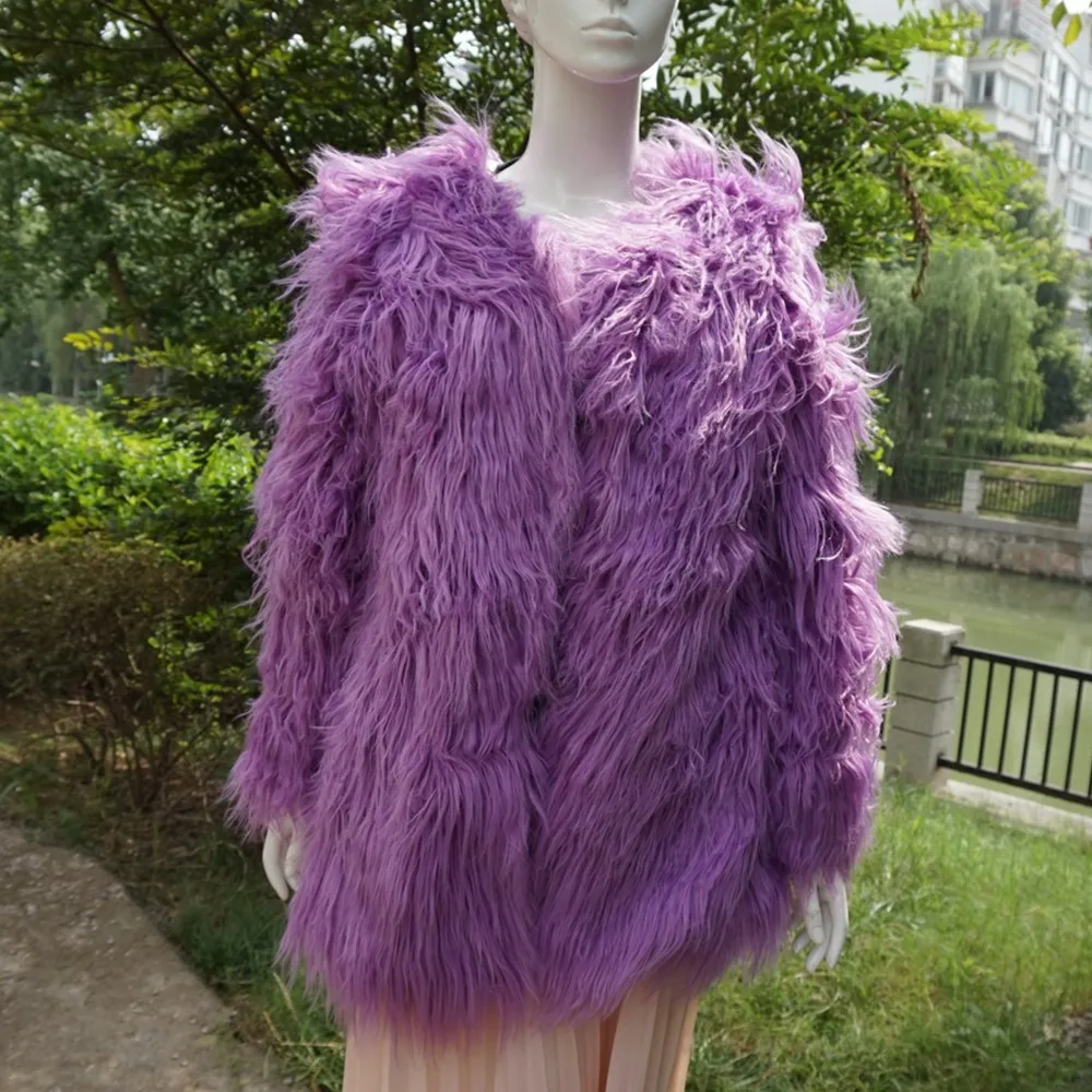 GTGYFF solid purple long sleeve shaggy fluffy fake faux fur jacket coat