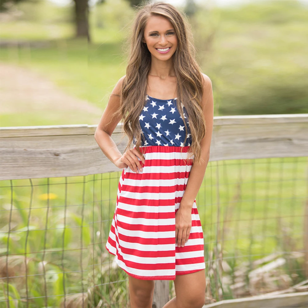 Women Summer American Flag Strips Dresses Girls Casual USA Flag Pattern ...