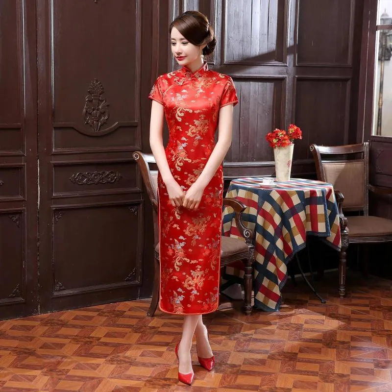 Китайское традиционное платье для женщин Атлас Qipao Дракон Феникс Длинные Cheongsam большой размеры 2XL 3XL