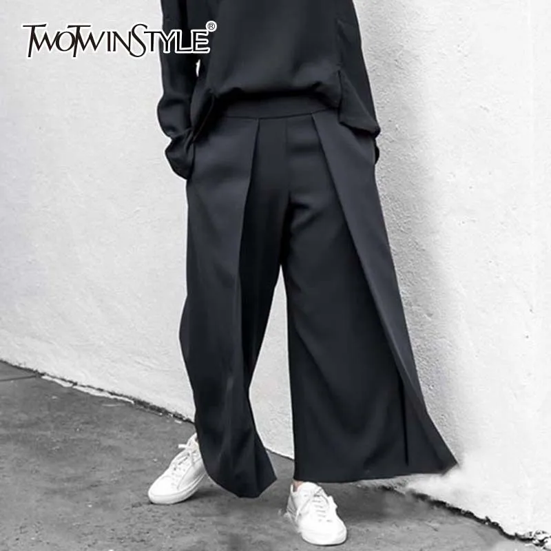 TWOTWINSTYLE Palazzo Wide Leg Pants For Women Big Size Patchwork Zipper Hgih Waist Trousers Female Black Ankle Length Pants Tide