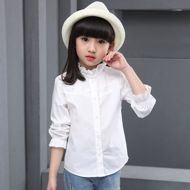 Kids White Blouses Long Sleeve Flower Collar Shirts For Girls Children