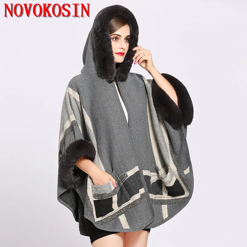 

Women Loose Plus Size Faux Fur Hat Knitted Cardigan With Pocket Winter Warm Thick Batwing Sleeves Coat 2018 Printed Poncho