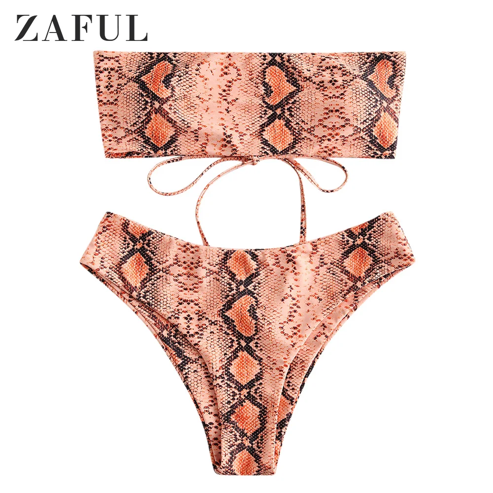 

ZAFUL Women Bikini Swimsuit Snakeskin Strapless Lace Up Bikini Set Lady Sexy Swimwear Summer Beach Bathing Suit