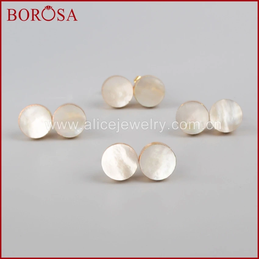 BOROSA 10 пар стильные серьги-гвоздики, натуральный золотой цвет круглые белые сережки в виде ракушек серьги из друзы для женщин G0902