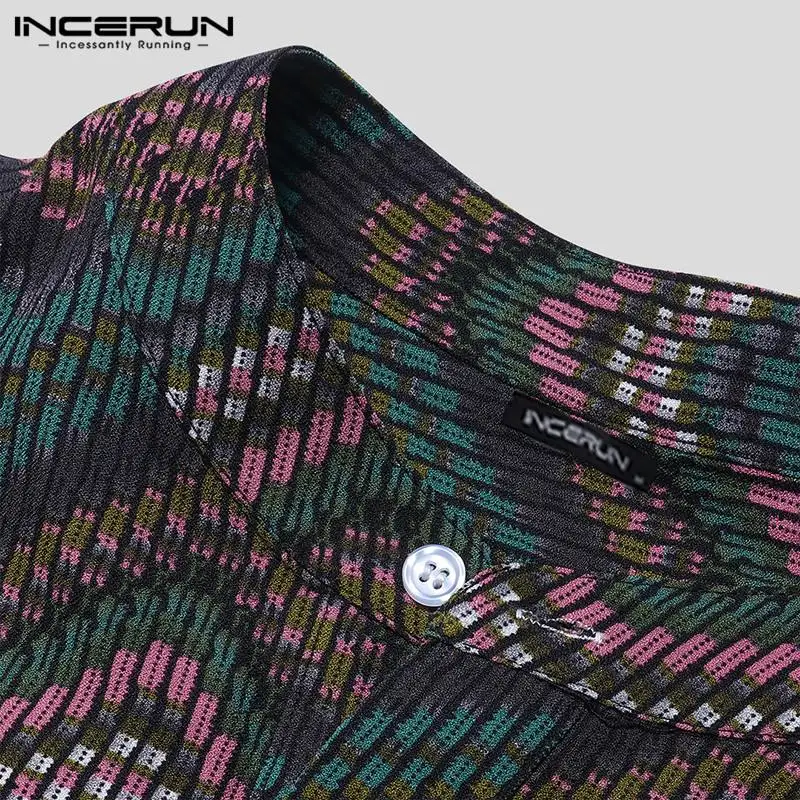INCERUN 2019 Модные мужские с принтом рубашки с коротким рукавом Блузка со стоячим воротником винтажные Свободные повседневные Гавайские