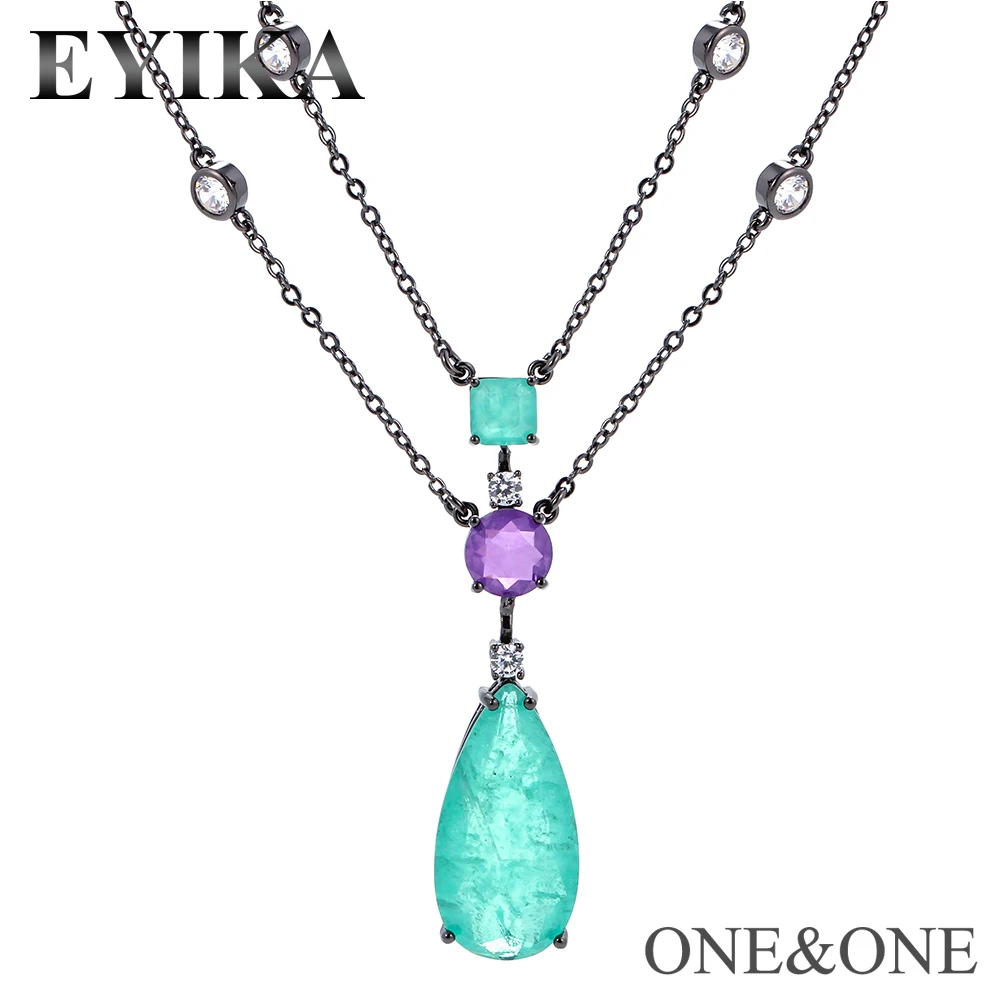 

EYIKA Fusion Crystal Stone Double chain style Necklace 45cm+5cm chain Water drop fusion crystal+Zircon Multi Color Women Jewelry