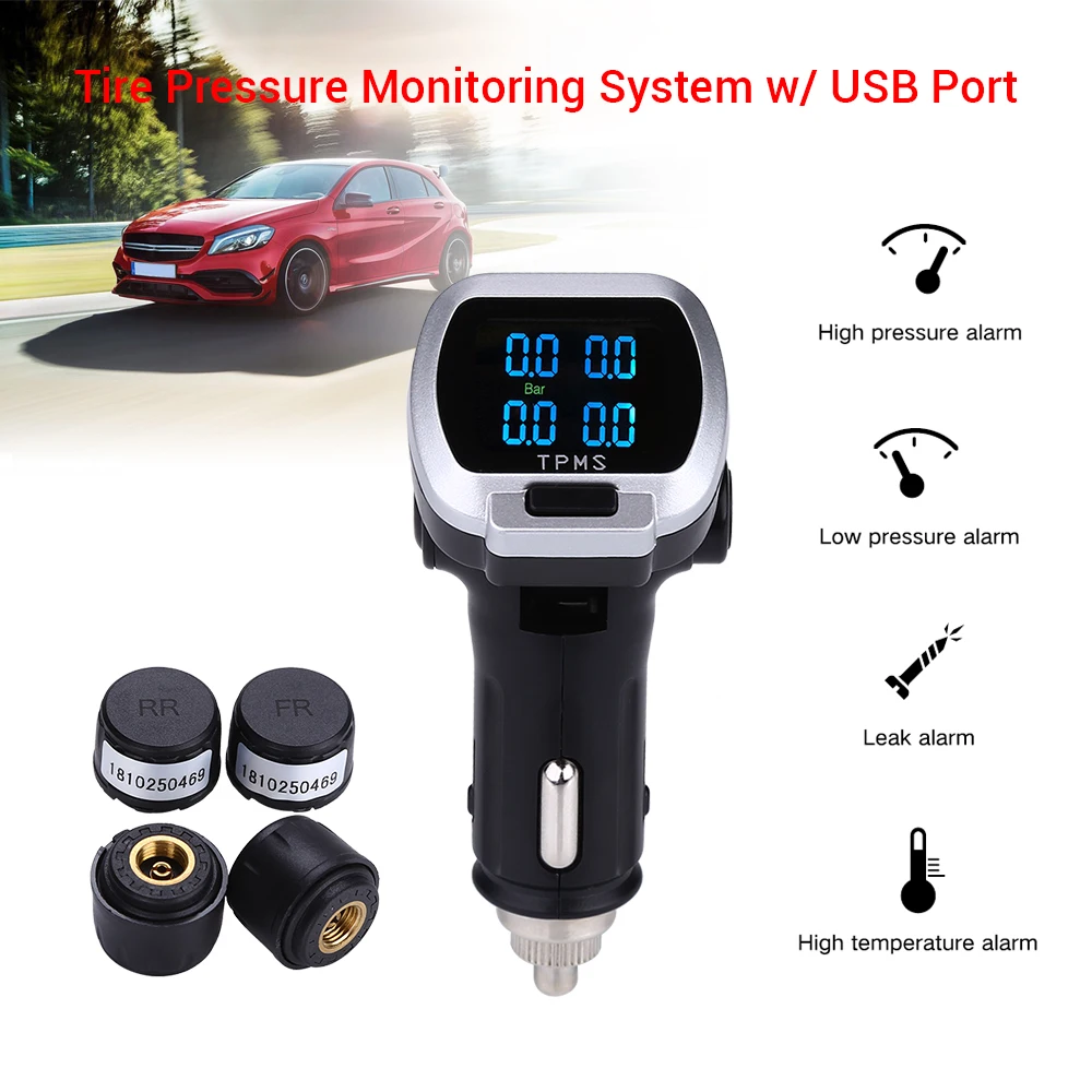 

Tire Pressure Monitoring System With USB Port Wireless Car LCD TPMS + 4 Sensor Cigarette Lighter
