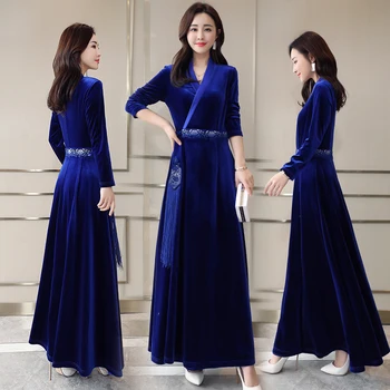 

New pleuche full sleeve kimono yukata style korean fashion long dress hanbok costume Elegant Oriental women clothing