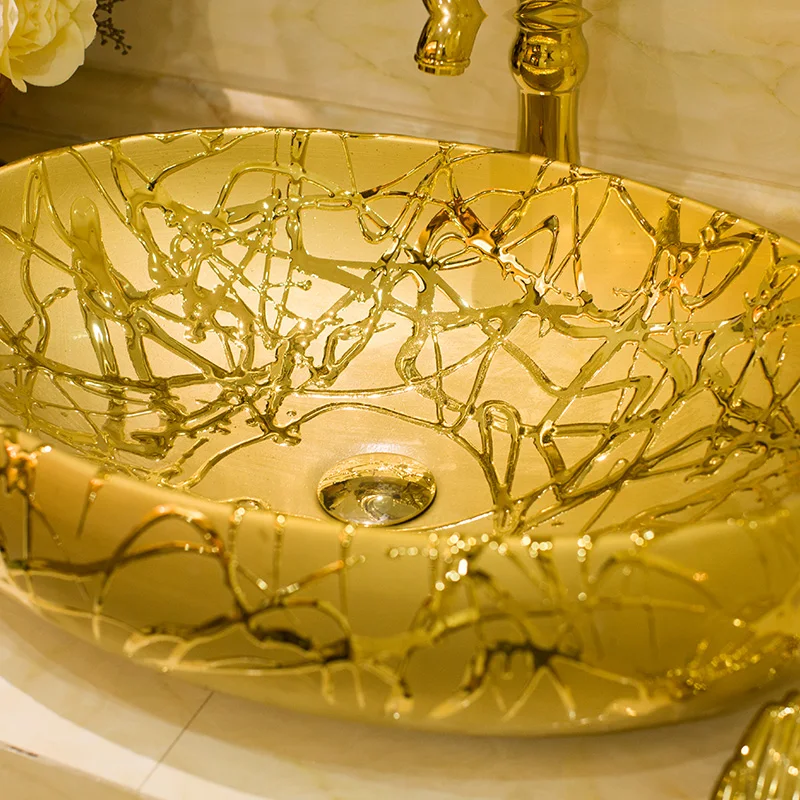 Овальная ванная комната гардеробная раковина для умывания фарфоровая раковина керамическая раковина столешница Умывальник Ванная керамическая китайская раковина золото