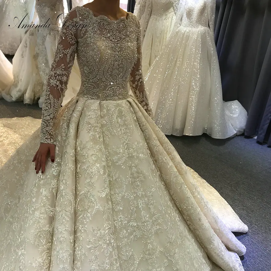 Robe de mariee princesse de Lux Горячая Индивидуальные Стразы Кристалл полный рукав свадебное платье