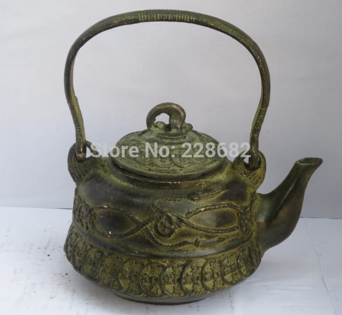 

Collectible Chinese Old Bronze Carved Coin Teapot /flagon Chinese Pot fast Shipping 002