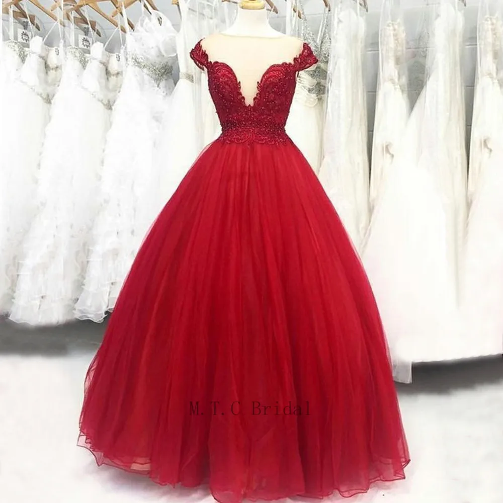 

2019 Ball Gown Red Dress Evening Chic Pearls Lace Cap Sleeve Floor Length Tulle Prom Gowns Vestido De Festa Custom Made Dresses