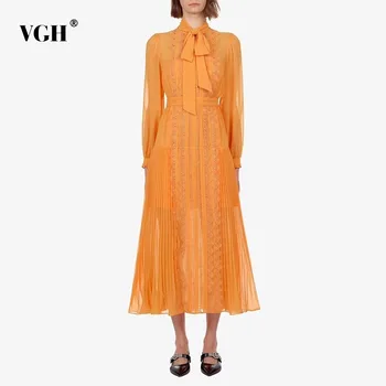 

VGH Bohemian Style A Line Dress For Women Bow Collar Long Sleeve High Waist Slim Embroidery Dresses Female Fashion New Tide 2020