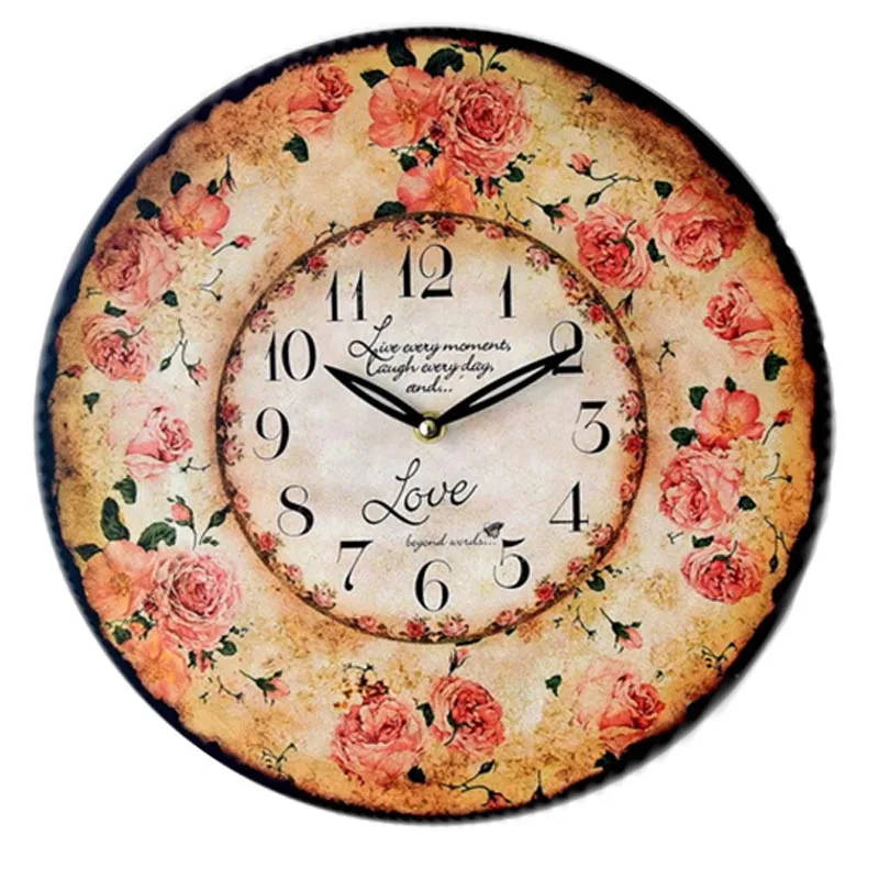 European romantic roses solid wood painted wall clocks fashion home