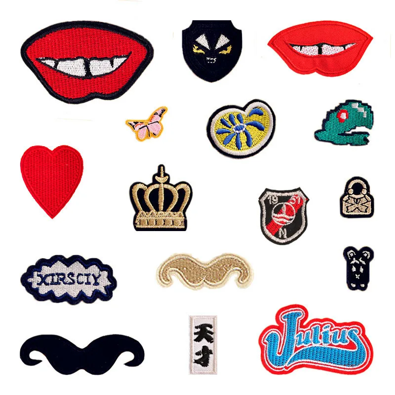

Chinese 'genius' Lips Mustache Mouse Dinosaur Patches Iron On Or Sew Fabric Sticker For Clothes Badge Embroidered Appliques DIY