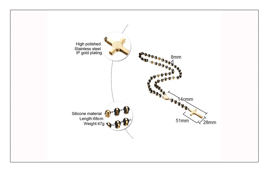 Meaeguet BlackGold Color Long Rosary Necklace For Men Women Stainless Steel Bead Chain Cross Pendant Women's Men's Gift Jewelry (5)