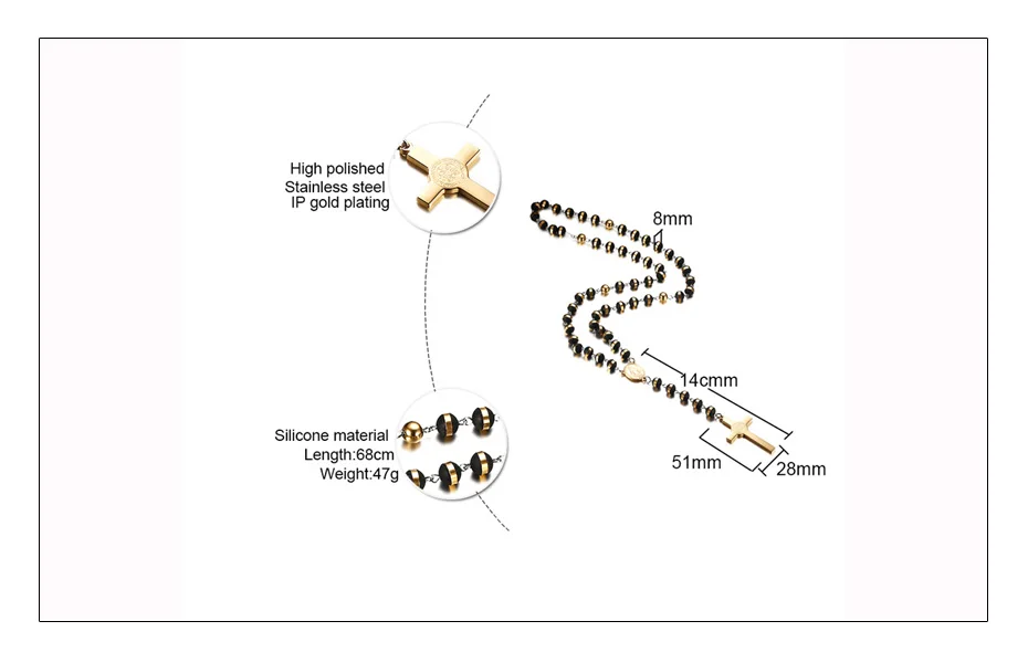 Meaeguet черный/золотой цвет Длинные Четки Ожерелье для мужчин женщин из нержавеющей стали бисера Кулон в виде креста на цепочке женские мужские подарок ювелирные изделия