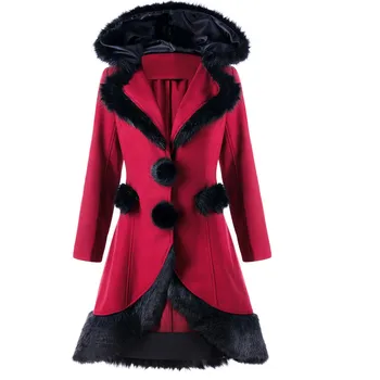 

Winter Faux Fur Coat Women Gothic Overcoat Long Sleeve A-Line Wool Blends Coats Hooded Jacket Outwear Christmas Red Coat
