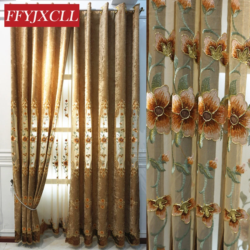 

Fine Floral Embroidered Luxury European Curtains Cloth For living Room Bedroom Tulle Curtains Fabric Windows Drapes
