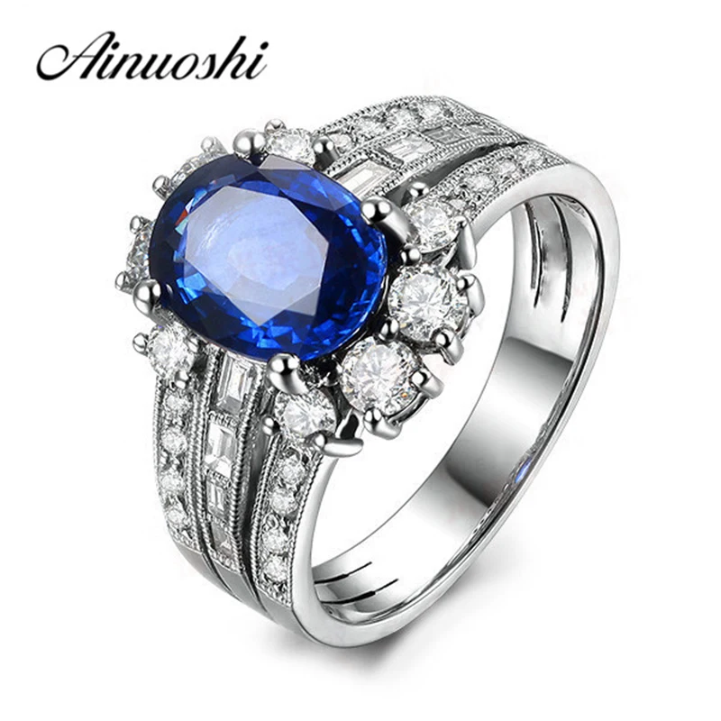 

AINUOSHI Trendy 2 Carat Oval Cut Blue Sona Halo Rings 925 Sterling Silver 4 Prongs Wedding Engagement Anniversary Lover Rings