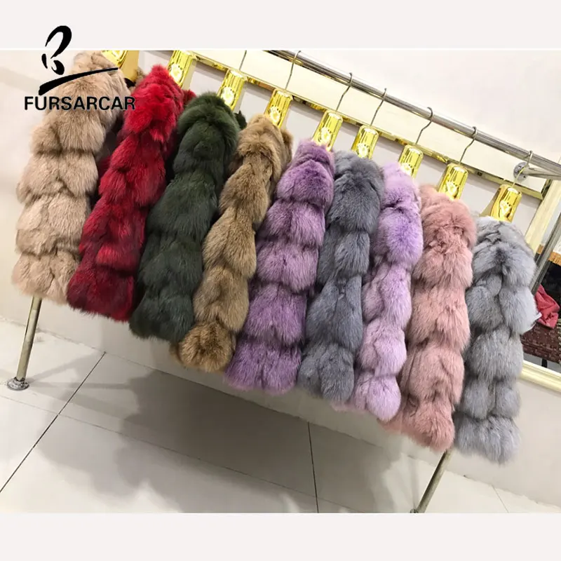 FURSARCAR 2018 New Real Fox Fur Coat Fashion Slim Fur Overcoat Three Quarter Sleeve Short Coat Winter Women Fur Jacket Coat Coats