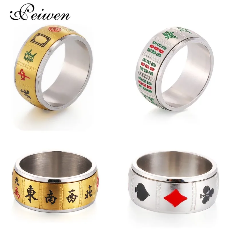 

Mahjong Ring Playing Card Rings Stainless Steel For Men Women Gold Lucky Rotating Couple Finger Rings Chinese Style Jewelry Gift