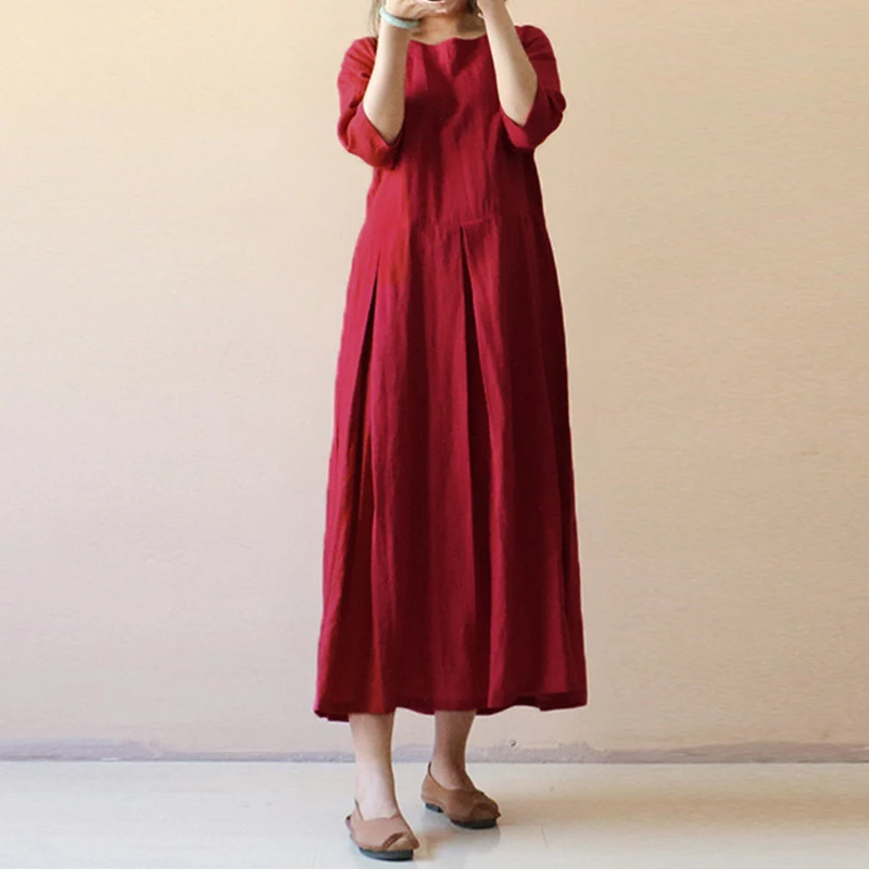 Женское винтажное платье из хлопка и льна, женское повседневное однотонное Макси-Платье, мешковатая плиссированная рубашка, длинное платье, кафтан размера плюс