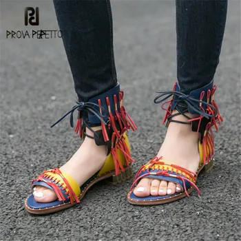 

Prova Perfetto Retro Summer Women Gladiator Sandals Fringed Flat Beach Shoes Woman Lace Up Sandalias Mujer Ladies Casual Flats