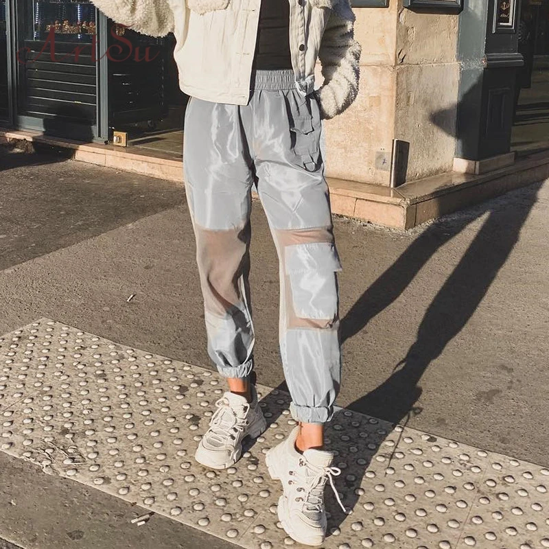 

ArtSu Summer Cargo Pants Women Sweat Pants High Waisted Pants Patchwork Mesh Sexy Hip Hop Loose Casual Pants Joggers ASPA20187
