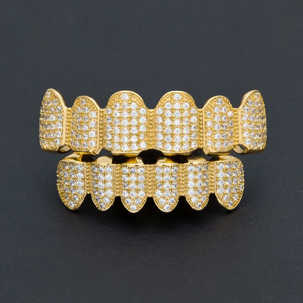 

Mens Iced out Teeth Grillz Set Bling AAA Top and Bottom Gold Silver Tooth Dental Grills For women Rapper Hip hop Body Jewelry