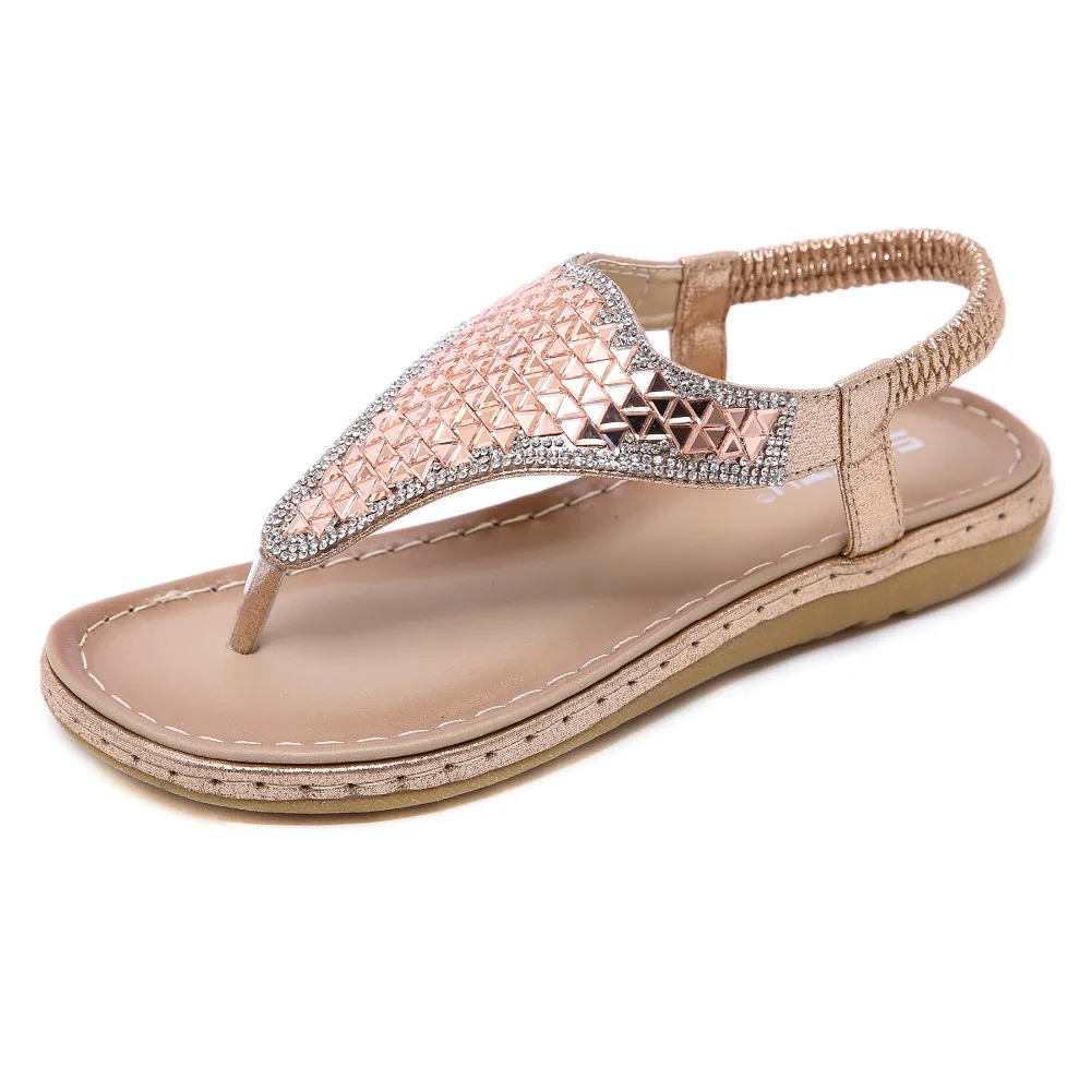 

Fashion Women Sandals Comfy Flip Flops Rhinestone Crystal Bohemian Boho Flat Heel Sandals Elastic Band Ethnic Shoes