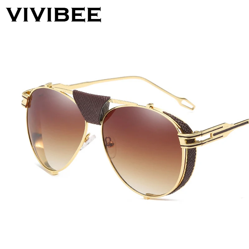 VIVIBEE роскошные золотые UV400 Мужские Авиаторы Солнцезащитные очки с кожаными