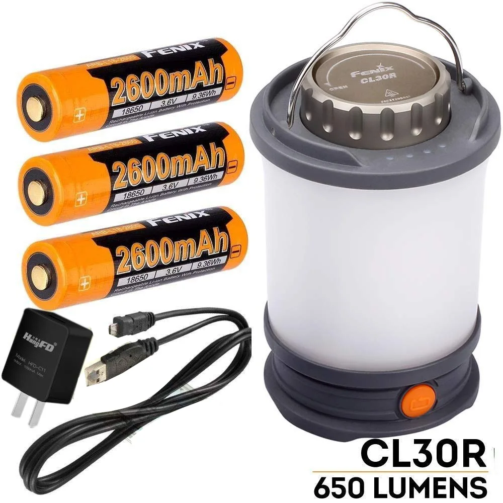

Fenix CL30R 650 lumen USB rechargeable camping lantern / work light with 3 X 18650 rechargeable batteries and charger cable