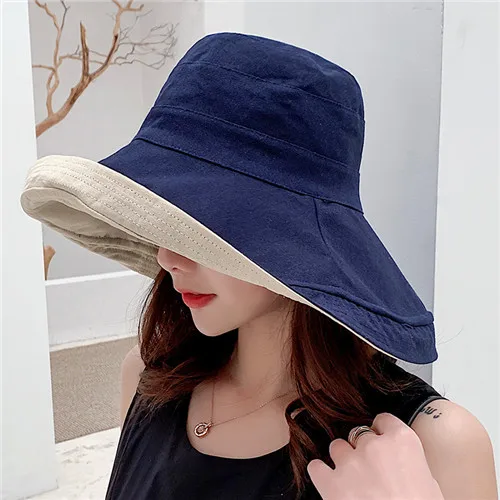 Navy blue Анти-УФ, с широкими полями, хлопок, лен, шляпа от солнца для женщин, для отдыха, лето, Панама, складная Панама, шляпа с большими полями, Корейская пляжная шляпа от солнца - Цвет: Navy blue